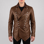 Men's Brown Double-Breasted Leather Military Jacket — Bilney