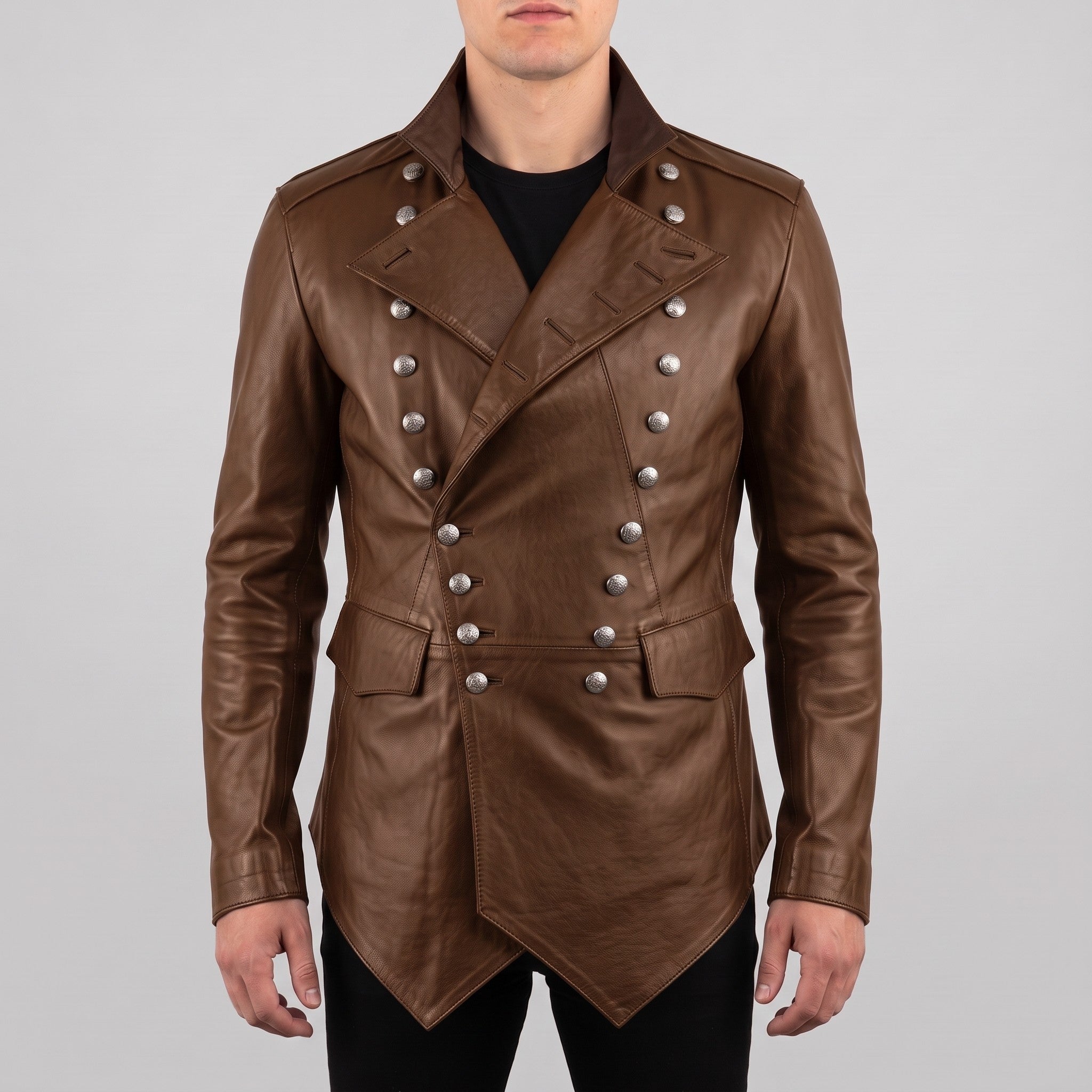 Men's Brown Double-Breasted Leather Military Jacket — Bilney