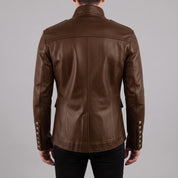 Men's Brown Double-Breasted Leather Military Jacket — Bilney