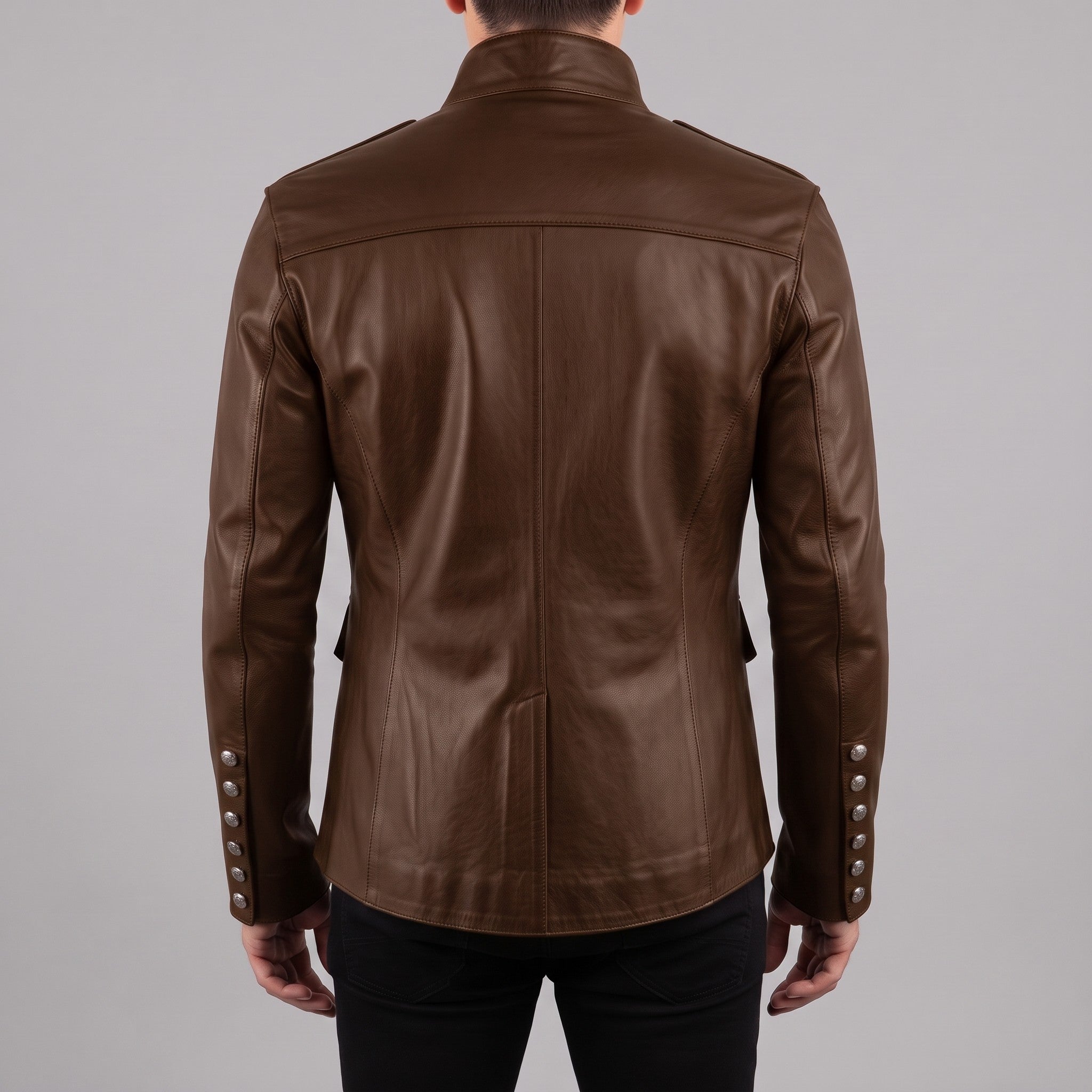 Men's Brown Double-Breasted Leather Military Jacket — Bilney