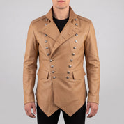 Men's Tan Double-Breasted Leather Military Jacket — Bilney