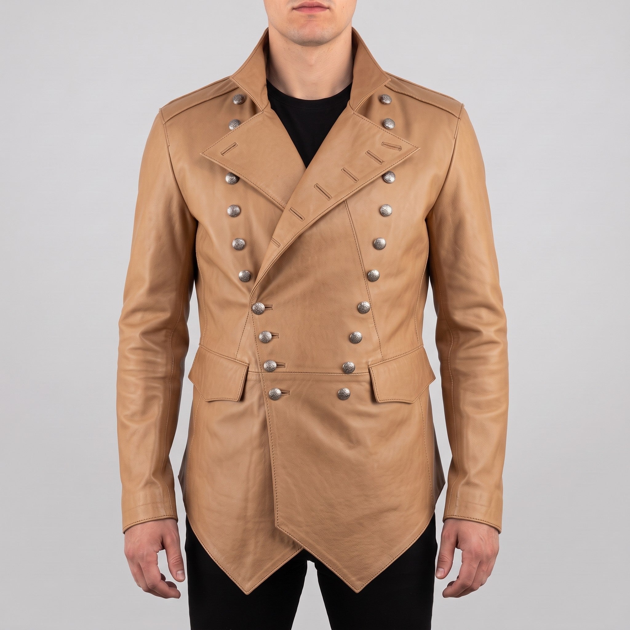 Men's Tan Double-Breasted Leather Military Jacket — Bilney