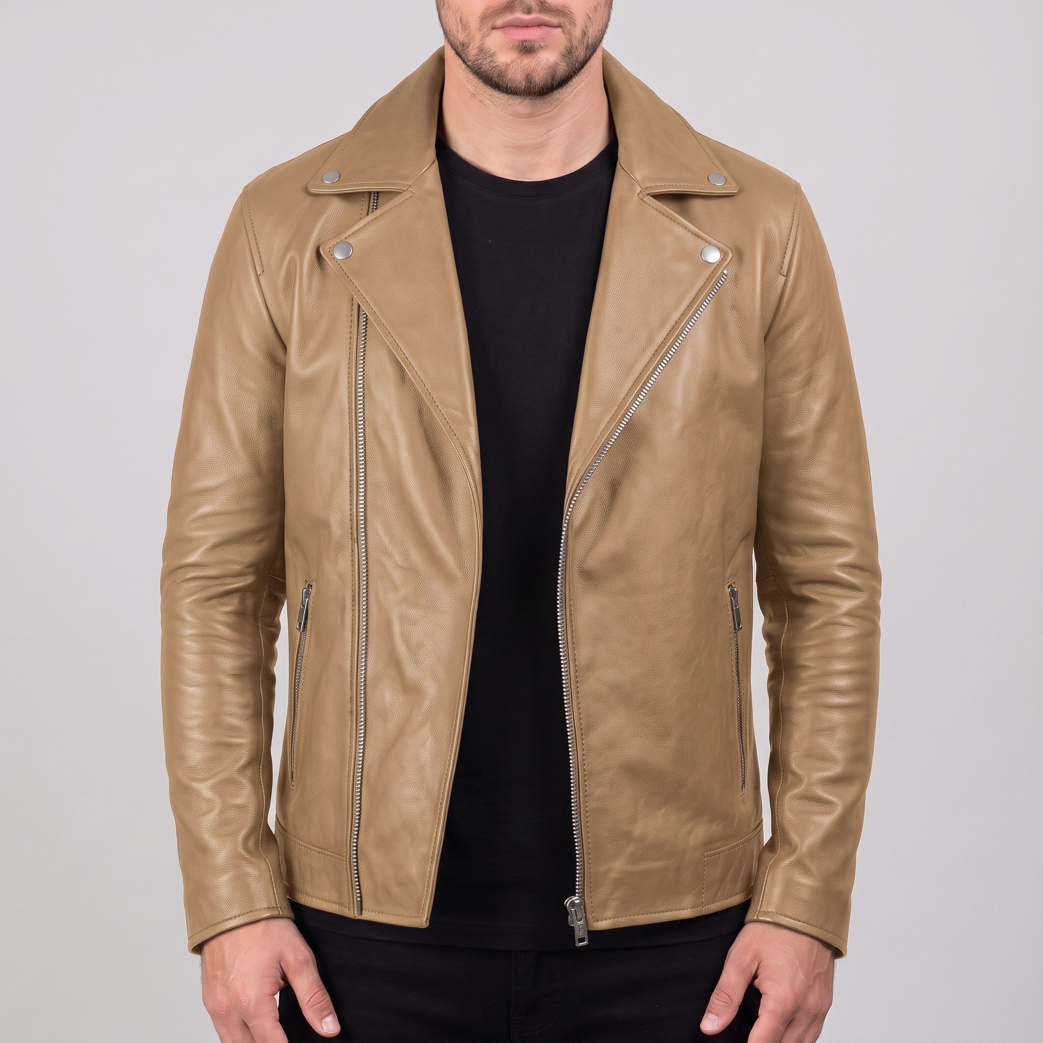 Men's Tan Asymmetric Zip Leather Biker Jacket — Claverley