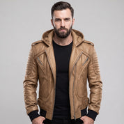 Men's Tan Hooded Quilted Leather Bomber Jacket — Abbercourt