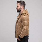 Men's Tan Hooded Quilted Leather Bomber Jacket — Abbercourt