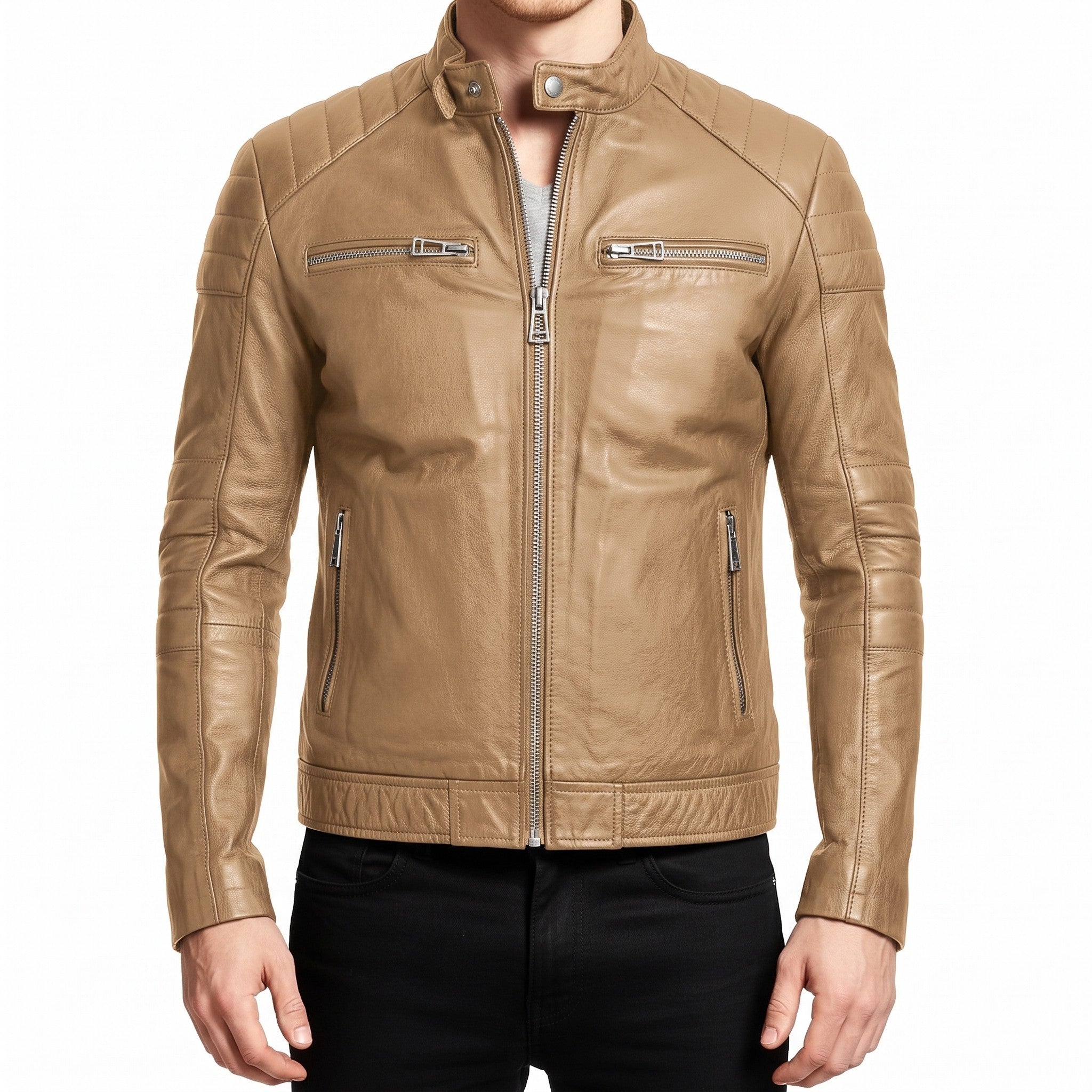Men's Tan Leather Biker Jacket — Branton