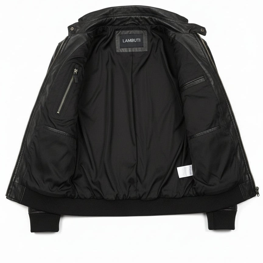 Men's Black Leather Bomber Jacket — Blake