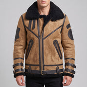Men's Tan Shearling-Lined Suede B-3 Bomber Jacket — Lupton
