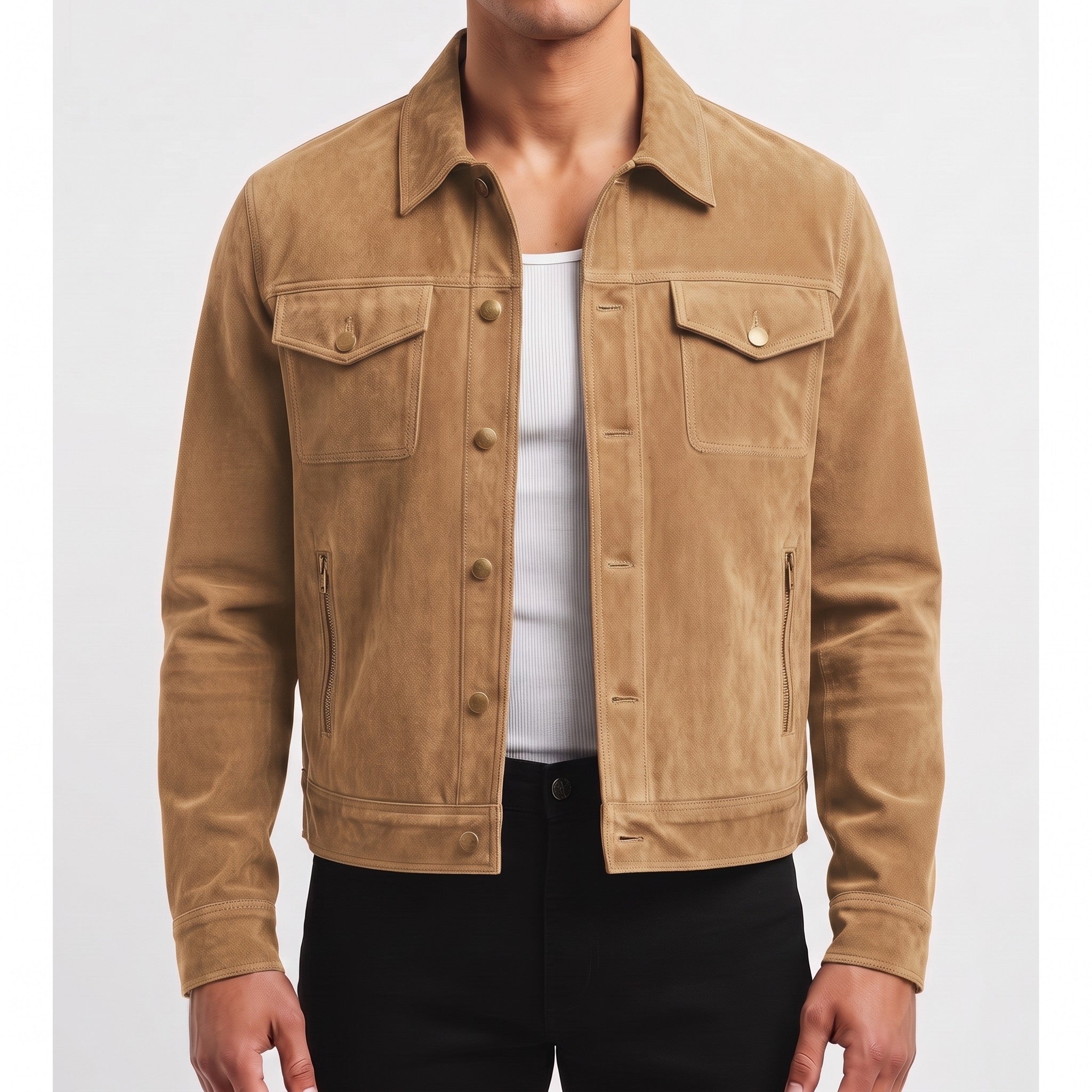 Men's Tan Cropped Suede Trucker Jacket — Egbert