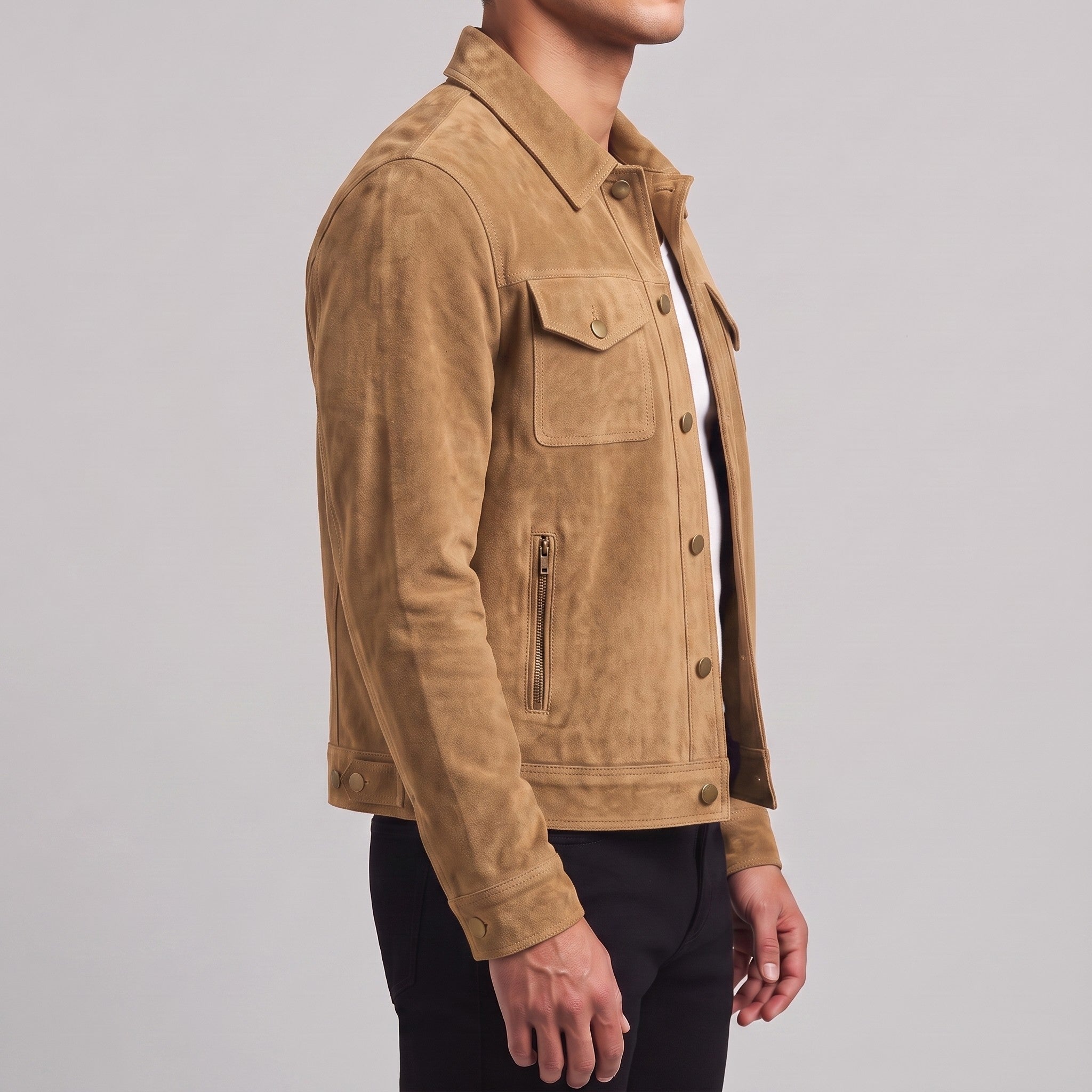 Men's Tan Cropped Suede Trucker Jacket — Egbert