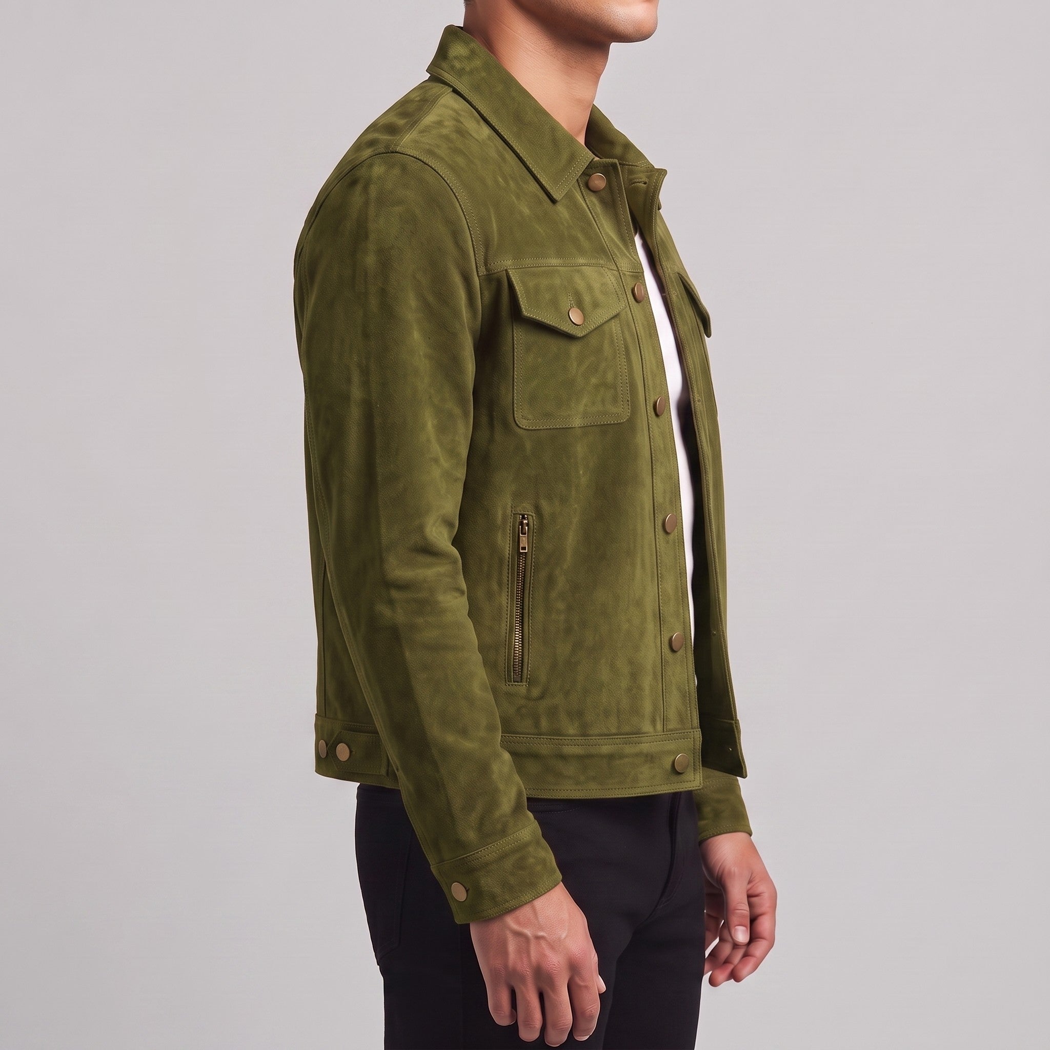 Men's Olive Green Cropped Suede Trucker Jacket — Egbert