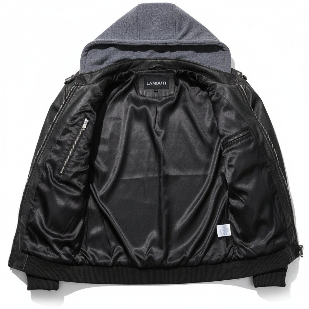 Men's Black Leather Bomber Jacket with Hoodie — Walsh