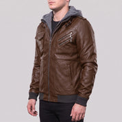 Men's Brown Hooded Leather Bomber Jacket — Walsh