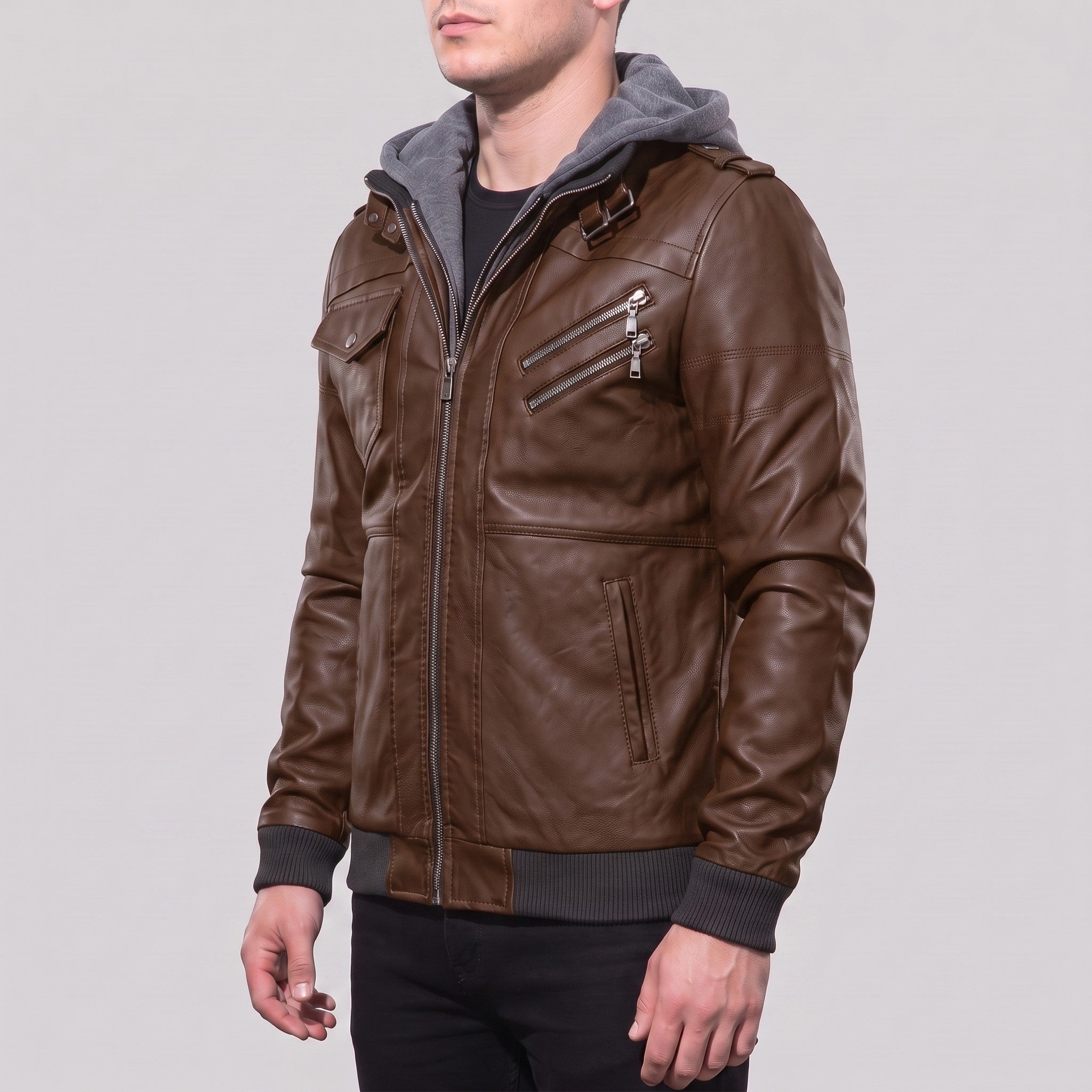 Men's Brown Hooded Leather Bomber Jacket — Walsh