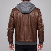 Men's Brown Hooded Leather Bomber Jacket — Walsh