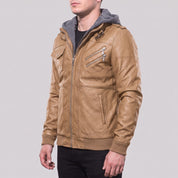 Men's Tan Hooded Leather Bomber Jacket — Walsh