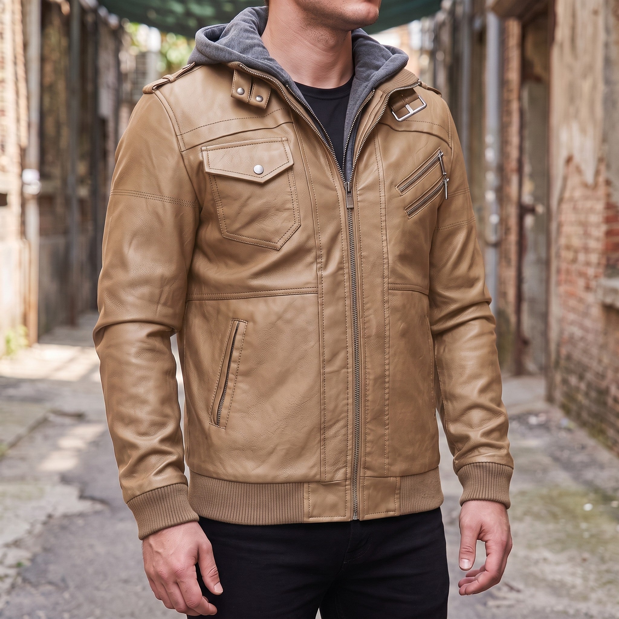 Men's Tan Hooded Leather Bomber Jacket — Walsh