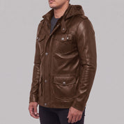 Men's Brown Hooded Leather M-65 Field Jacket — Cranshaw