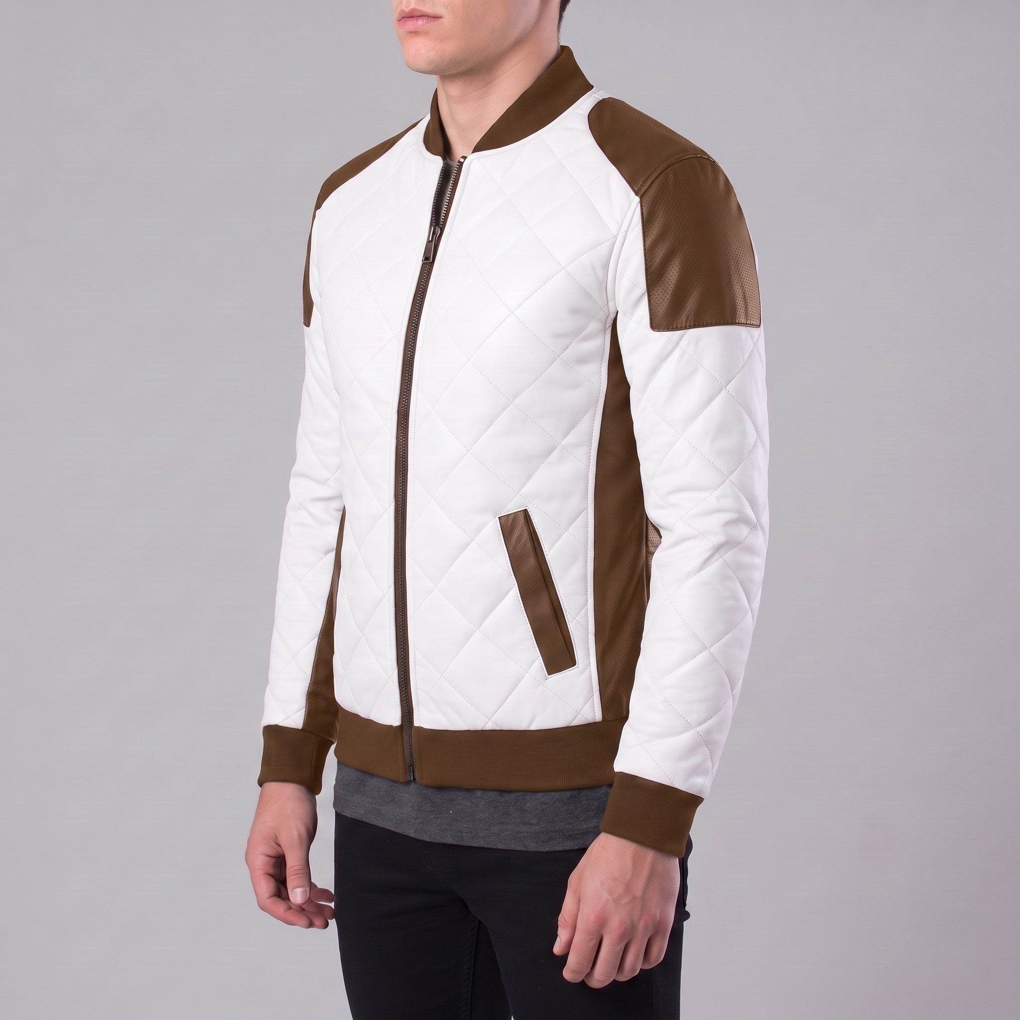 Men's Brown and White Quilted Leather Bomber Jacket — Baverstock