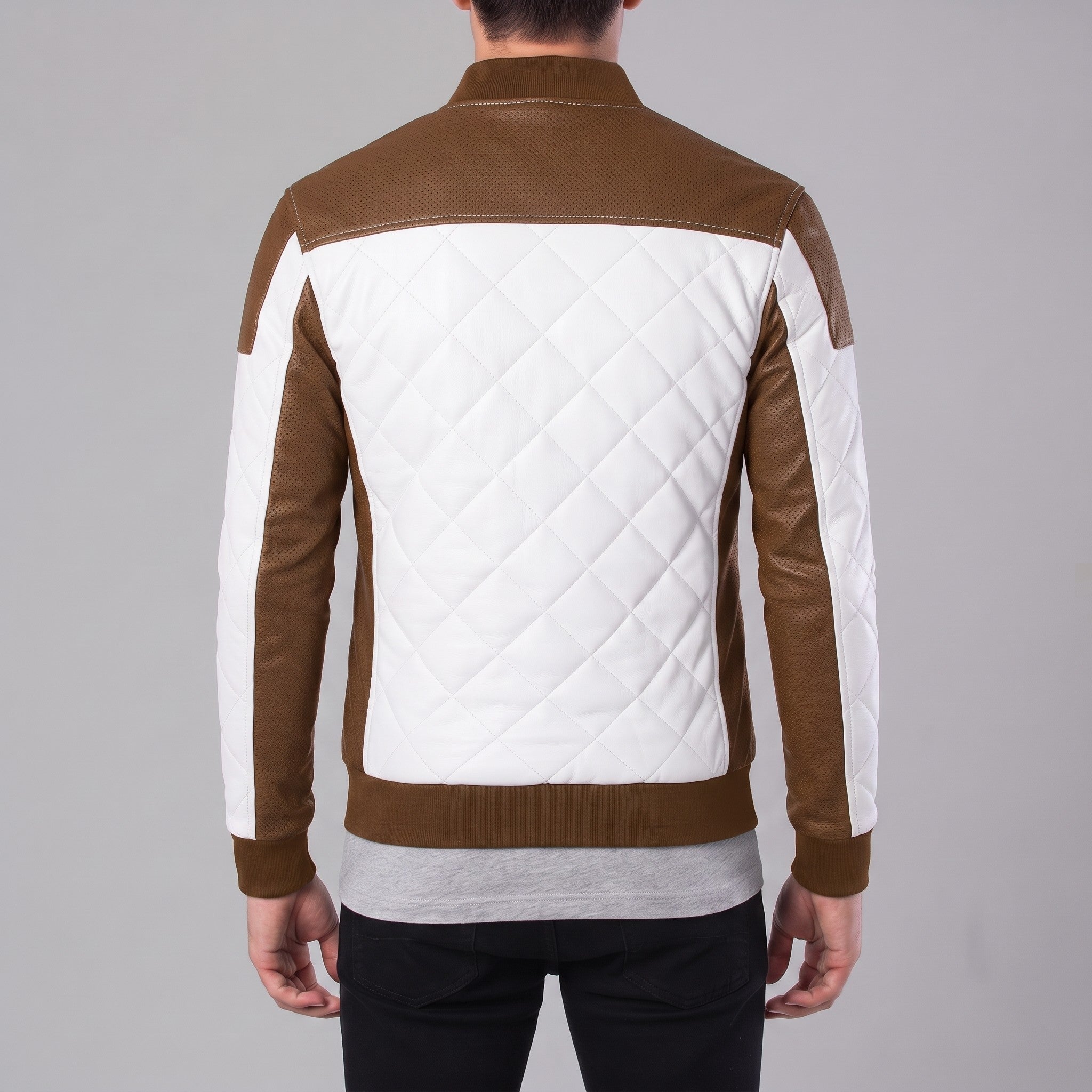 Men's Brown and White Quilted Leather Bomber Jacket — Baverstock