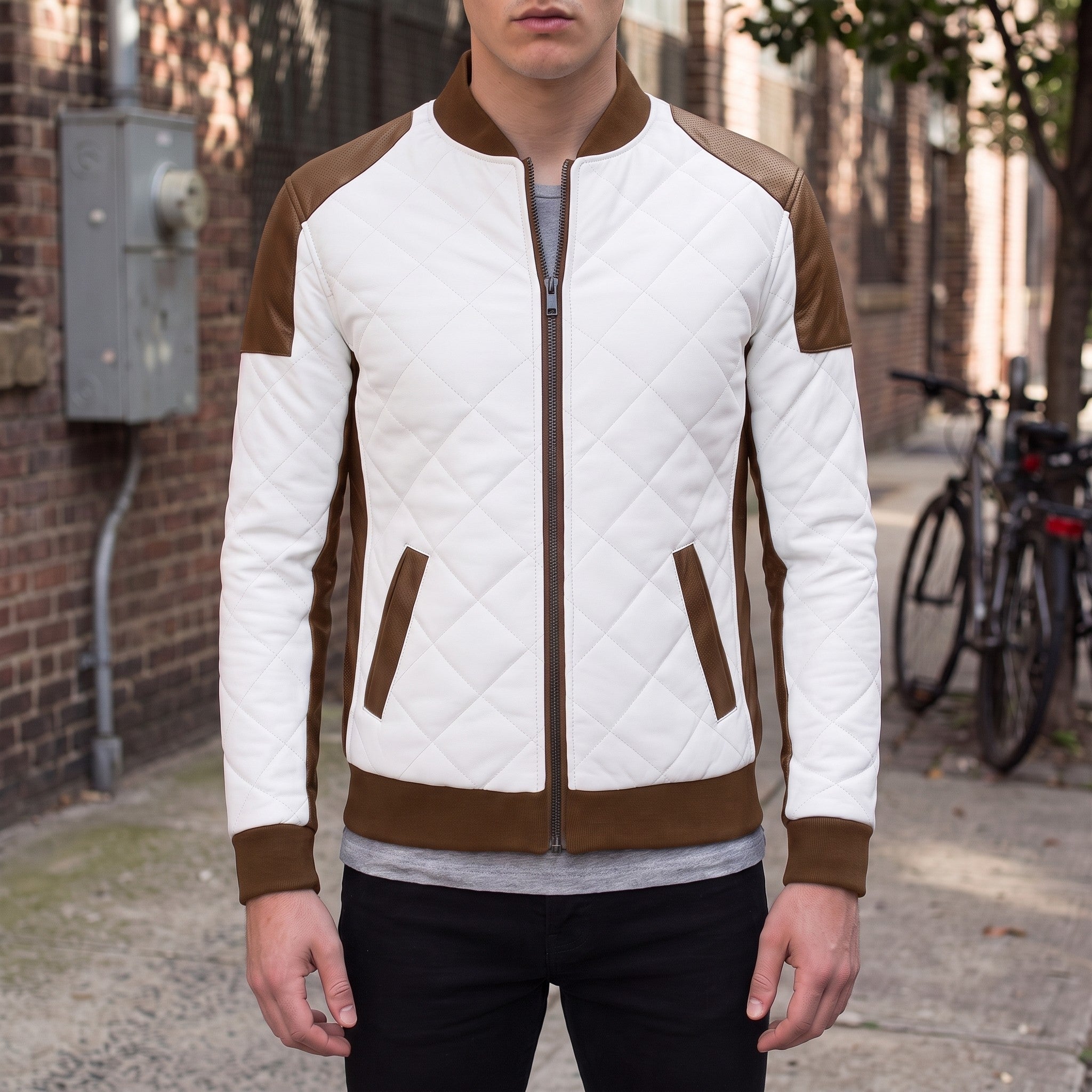 Men's Brown and White Quilted Leather Bomber Jacket — Baverstock
