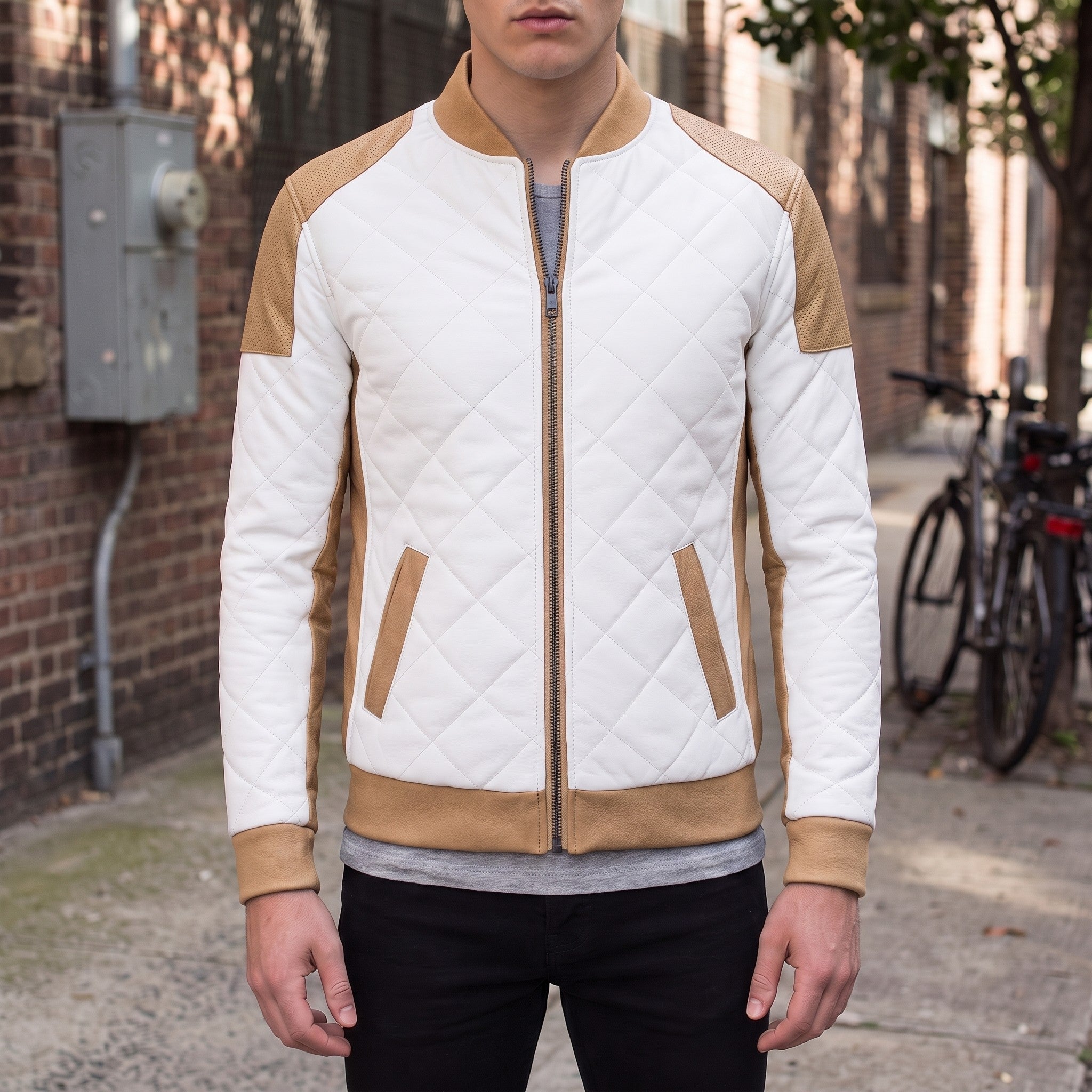 Men's Tan and White Quilted Leather Bomber Jacket — Baverstock