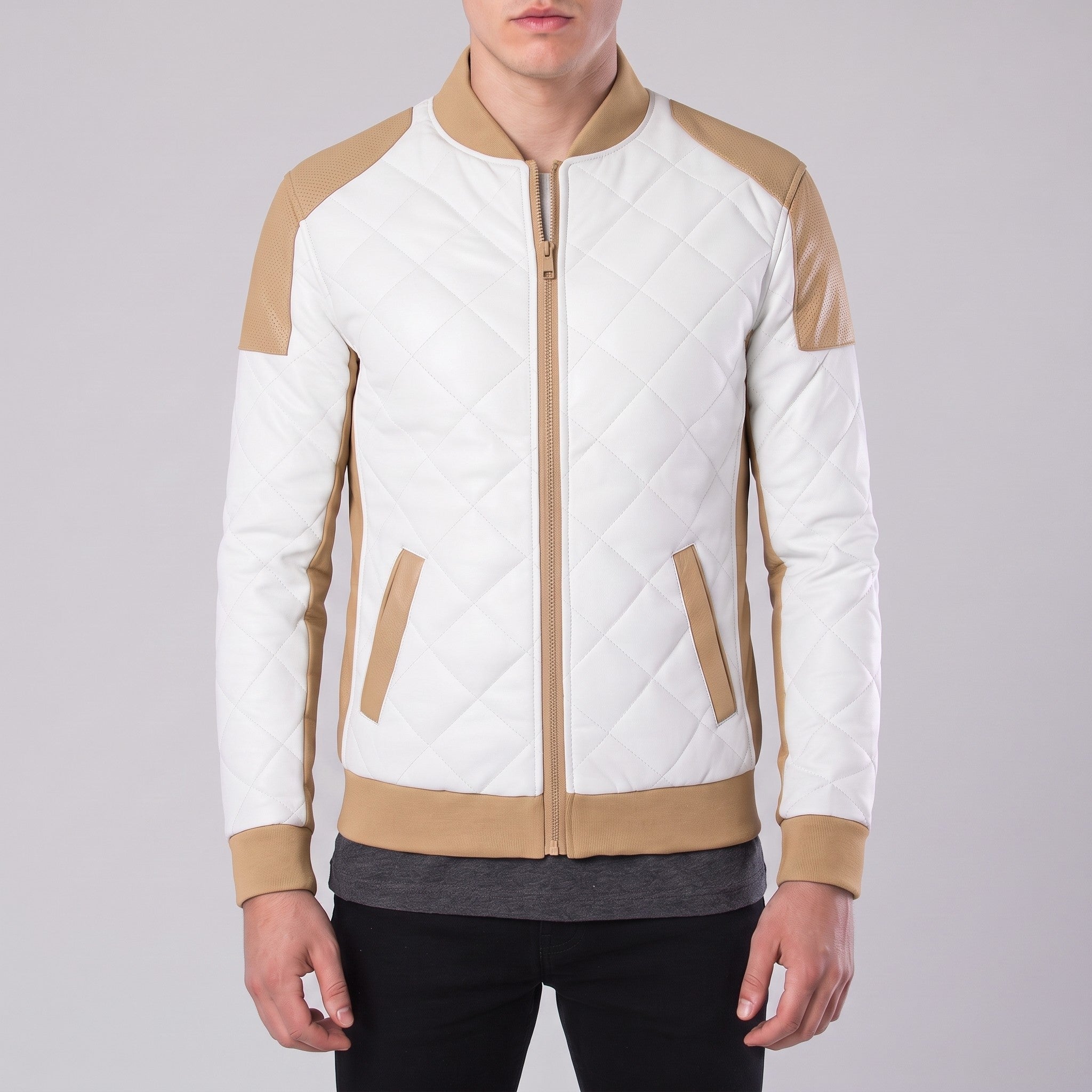 Men's Tan and White Quilted Leather Bomber Jacket — Baverstock
