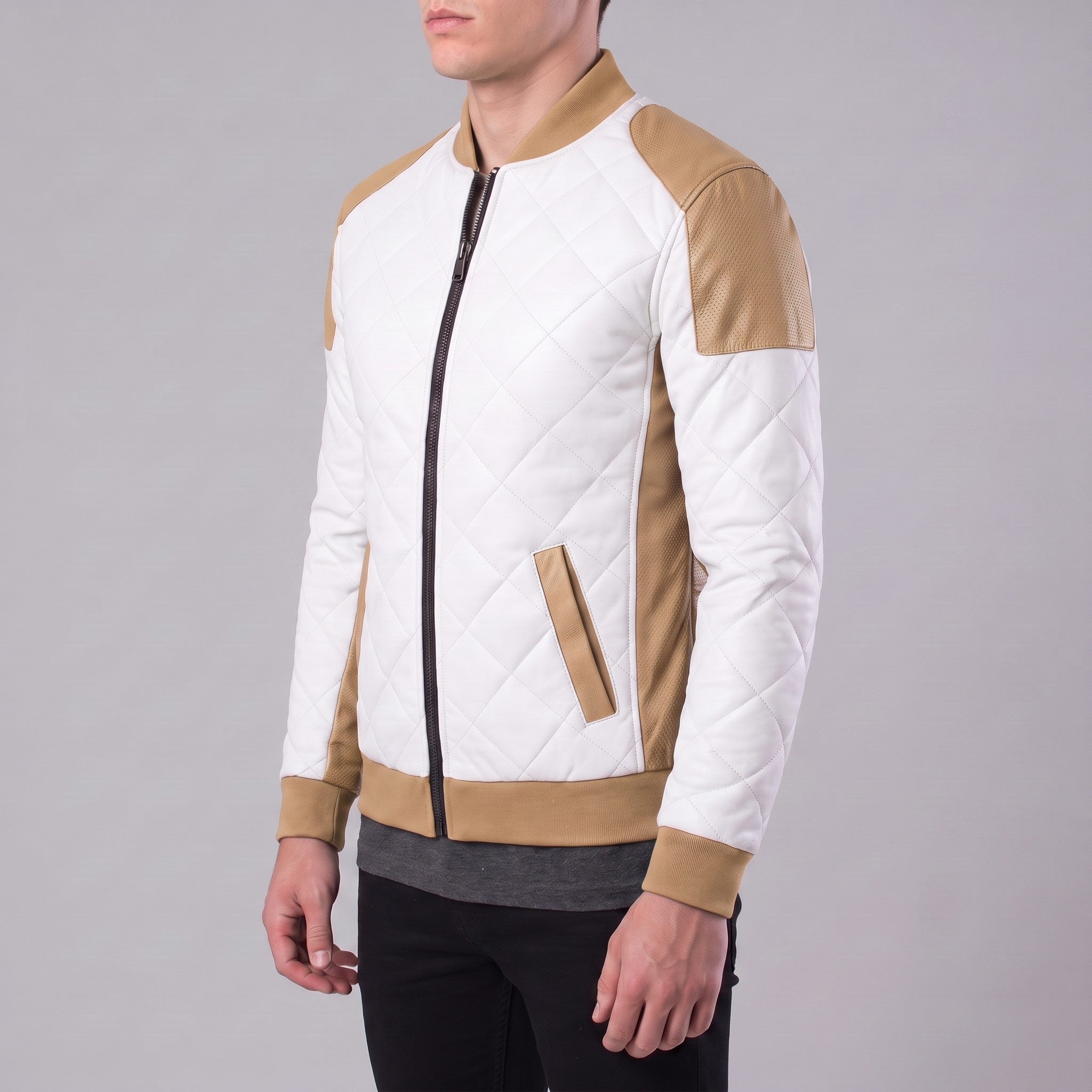 Men's Tan and White Quilted Leather Bomber Jacket — Baverstock