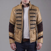 Men's Tan and Black Leather Military Jacket — Abberdon