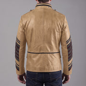 Men's Tan and Black Leather Military Jacket — Abberdon