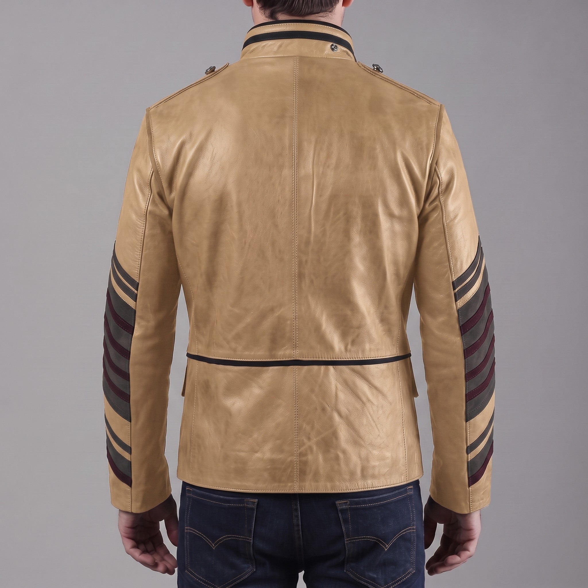 Men's Tan and Black Leather Military Jacket — Abberdon