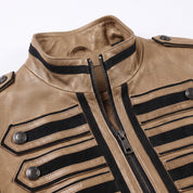 Men's Tan and Black Leather Military Jacket — Abberdon