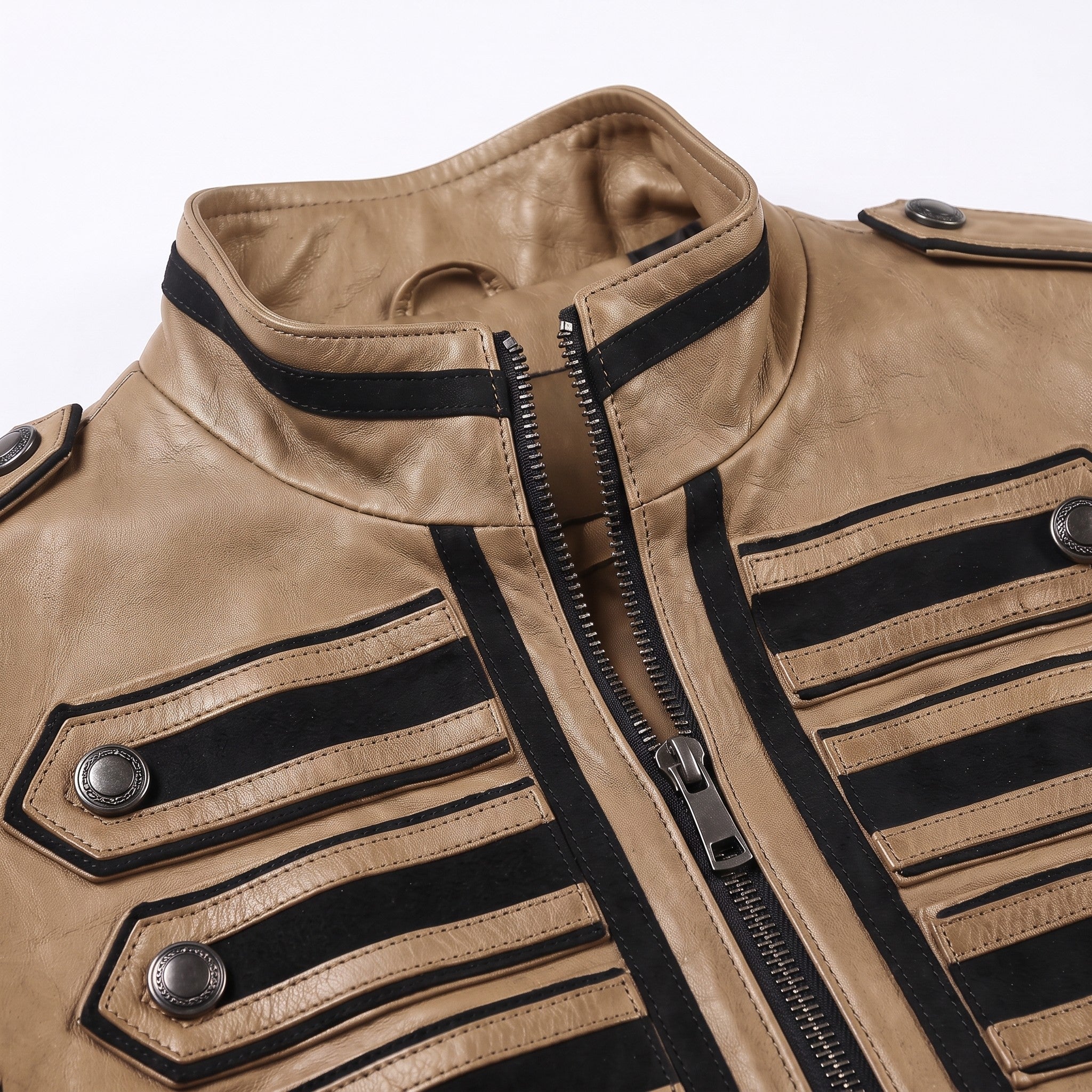 Men's Tan and Black Leather Military Jacket — Abberdon