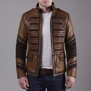 Men's Brown and Black Leather Military Jacket — Abberdon