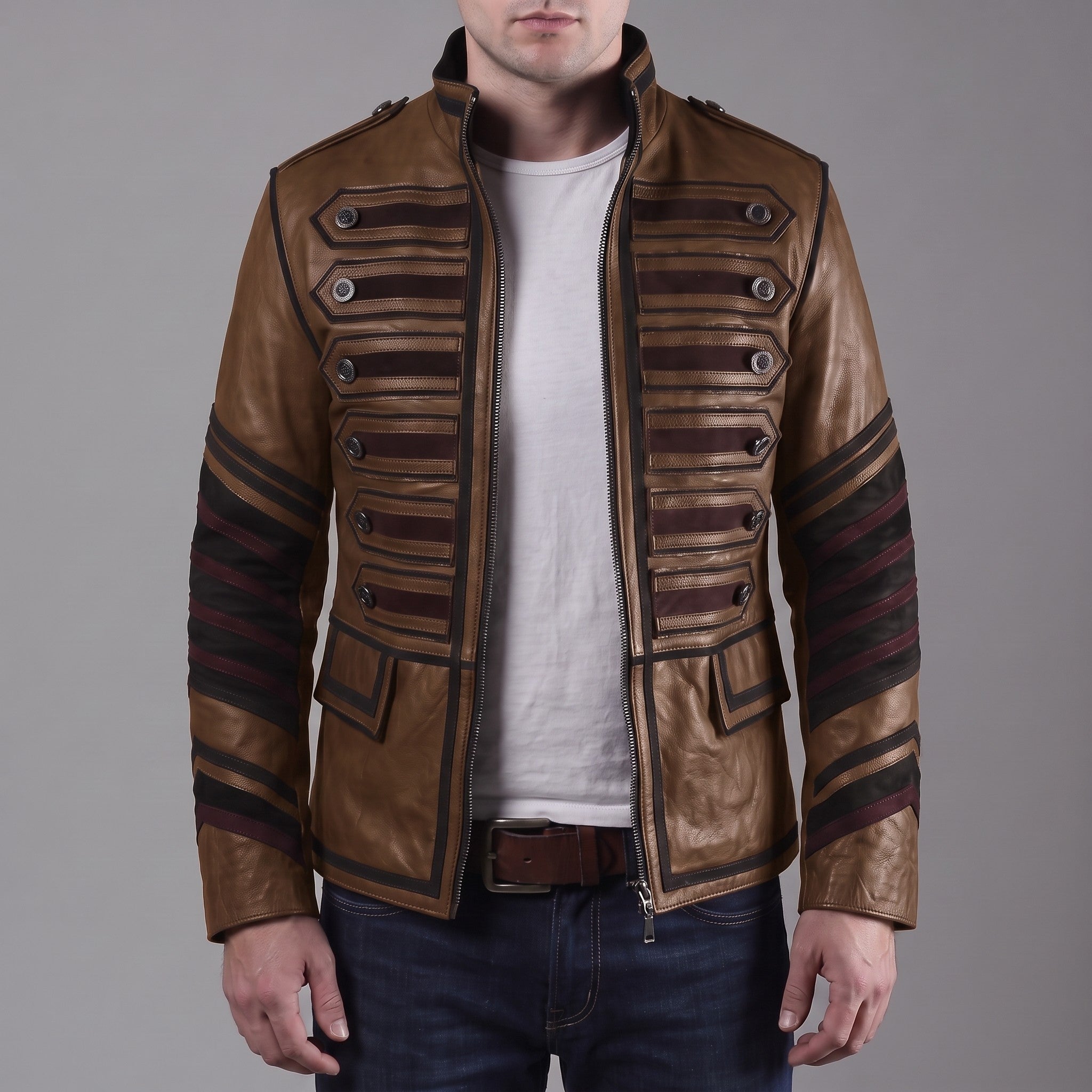 Men's Brown and Black Leather Military Jacket — Abberdon