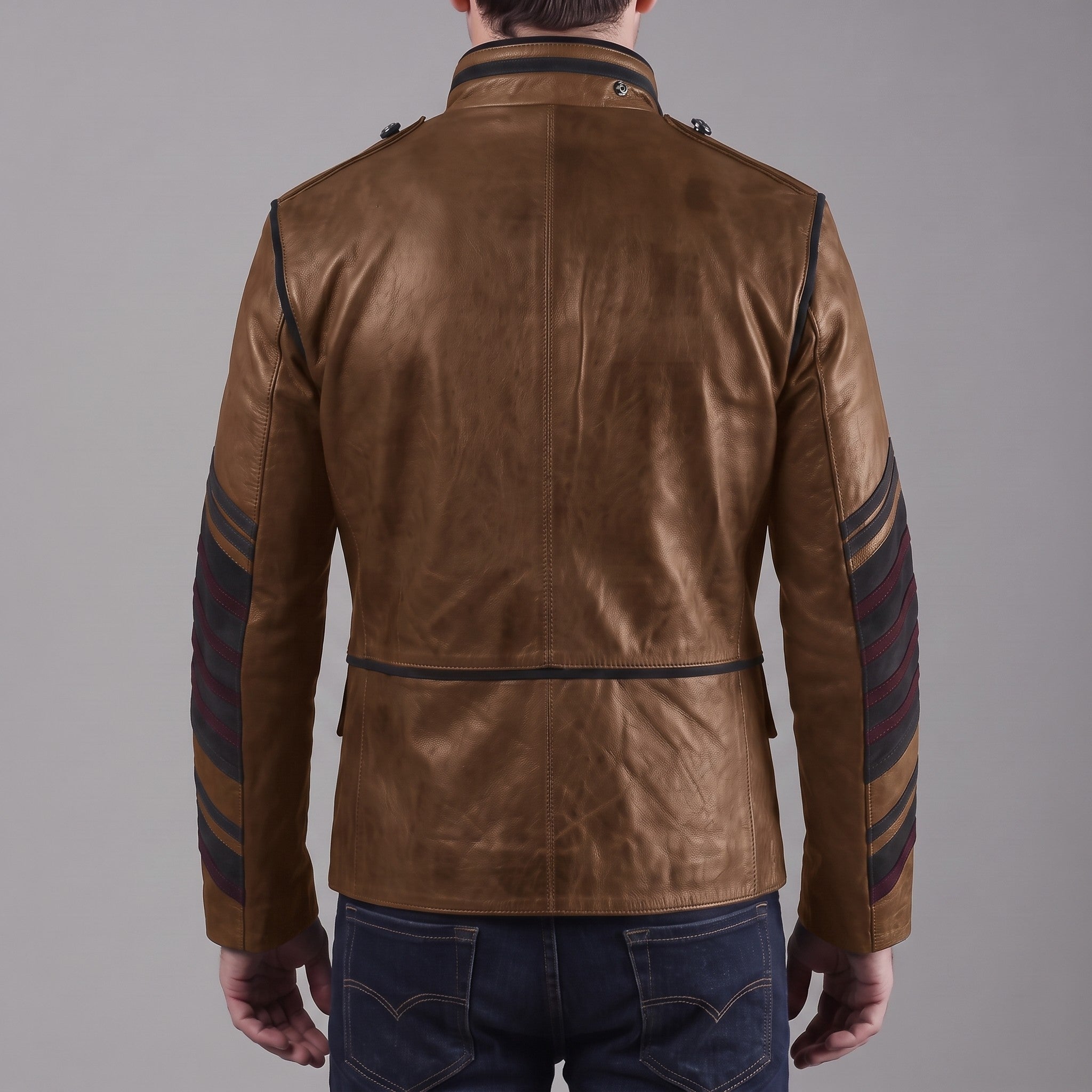 Men's Brown and Black Leather Military Jacket — Abberdon