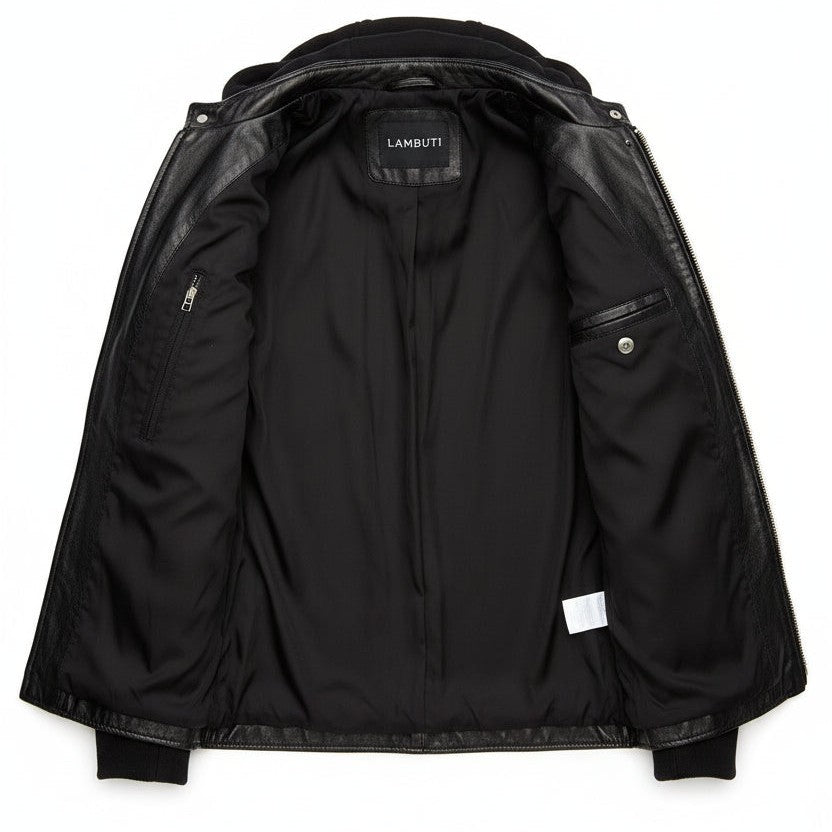Men's Black Hooded Leather Biker Jacket — Berden