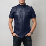 Men's Navy Blue Crocodile-Embossed Leather Short-Sleeve Shirt — Abbervale