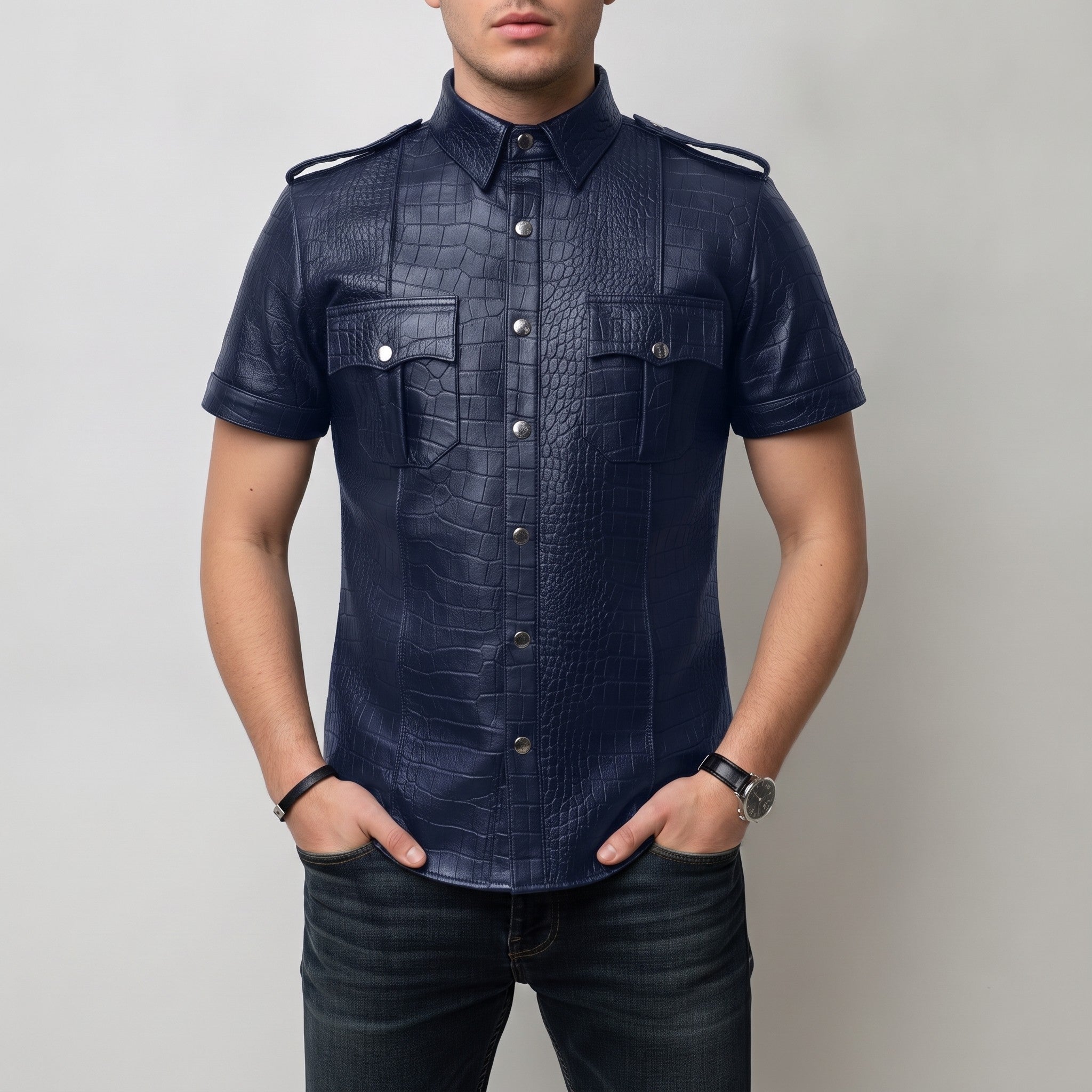 Men's Navy Blue Crocodile-Embossed Leather Short-Sleeve Shirt — Abbervale