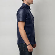 Men's Navy Blue Crocodile-Embossed Leather Short-Sleeve Shirt — Abbervale