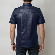 Men's Navy Blue Crocodile-Embossed Leather Short-Sleeve Shirt — Abbervale