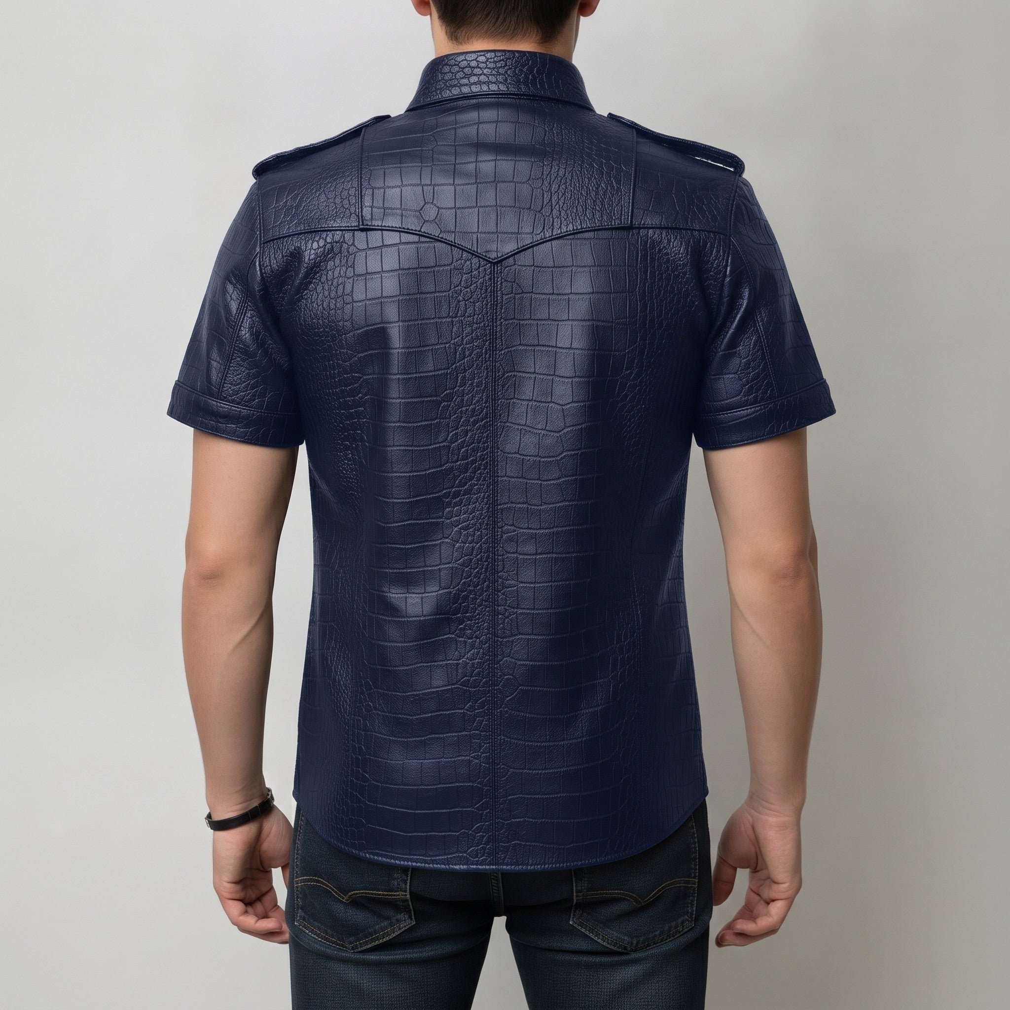Men's Navy Blue Crocodile-Embossed Leather Short-Sleeve Shirt — Abbervale