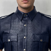 Men's Navy Blue Crocodile-Embossed Leather Short-Sleeve Shirt — Abbervale
