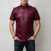 Men's Burgundy Crocodile-Embossed Leather Short-Sleeve Shirt — Abbervale