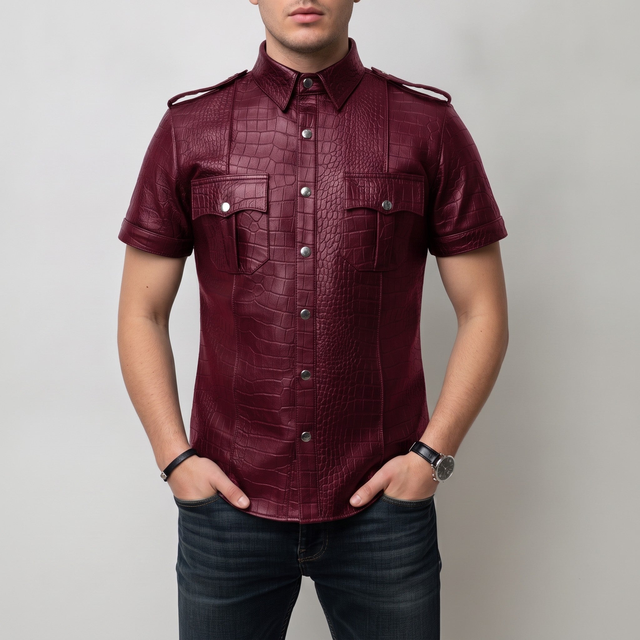 Men's Burgundy Crocodile-Embossed Leather Short-Sleeve Shirt — Abbervale