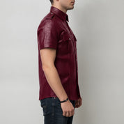 Men's Burgundy Crocodile-Embossed Leather Short-Sleeve Shirt — Abbervale