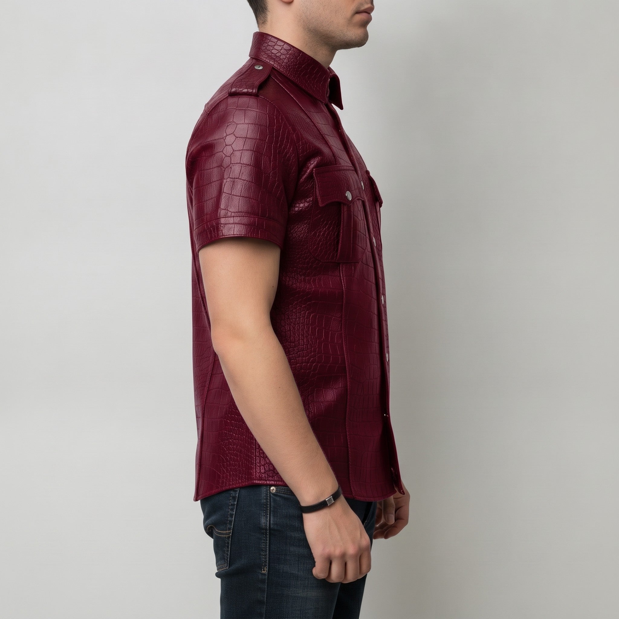 Men's Burgundy Crocodile-Embossed Leather Short-Sleeve Shirt — Abbervale