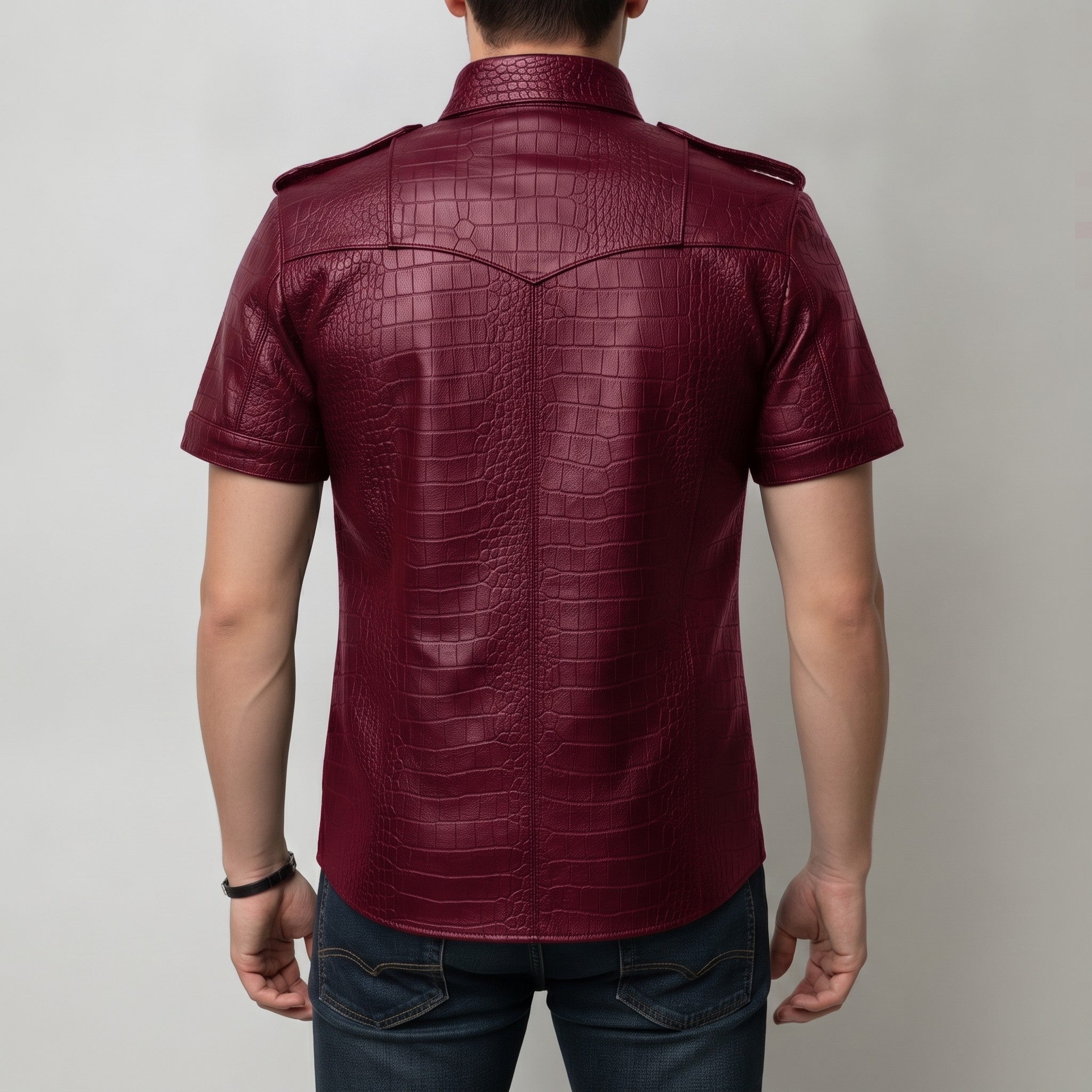 Men's Burgundy Crocodile-Embossed Leather Short-Sleeve Shirt — Abbervale
