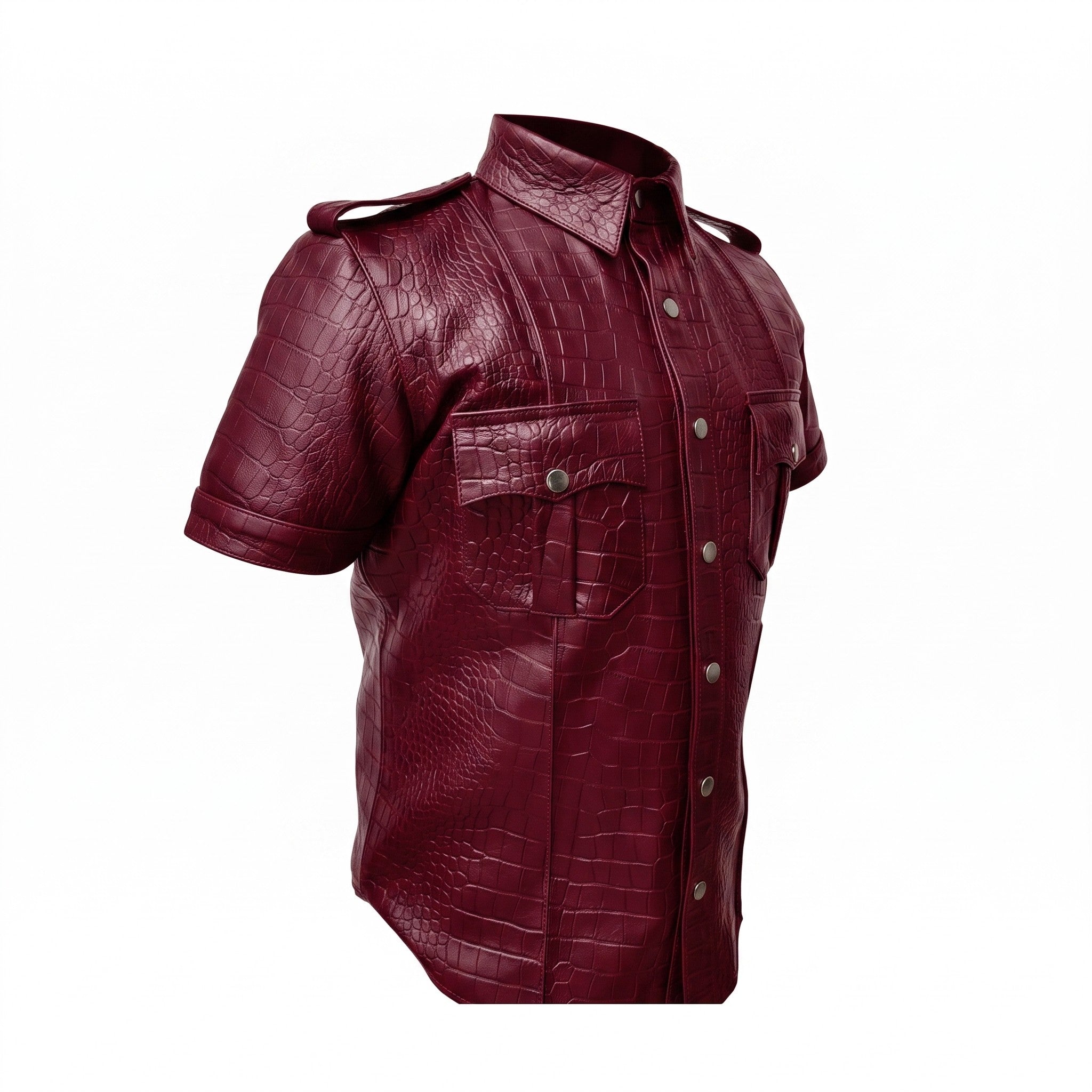 Men's Burgundy Crocodile-Embossed Leather Short-Sleeve Shirt — Abbervale