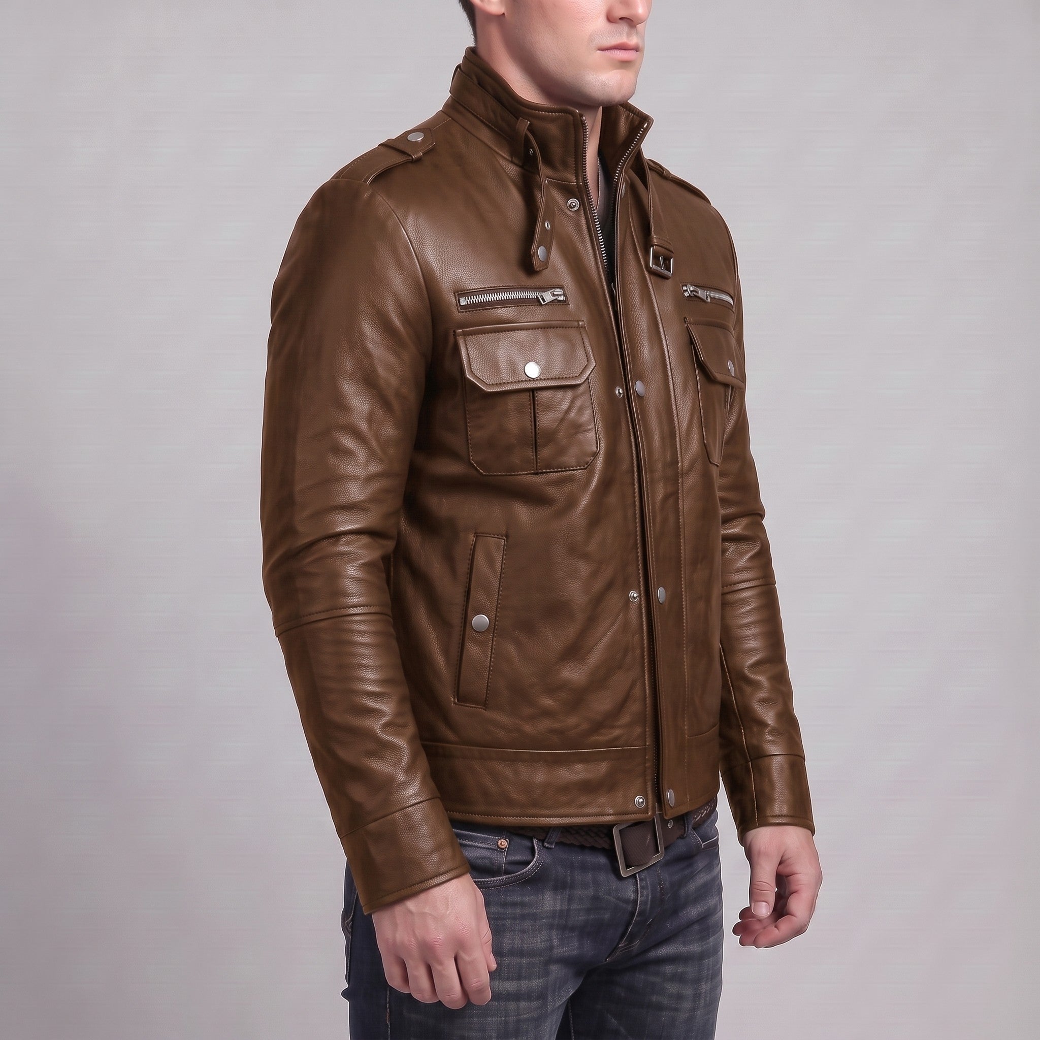Men's Brown Leather Biker Jacket — Benedict